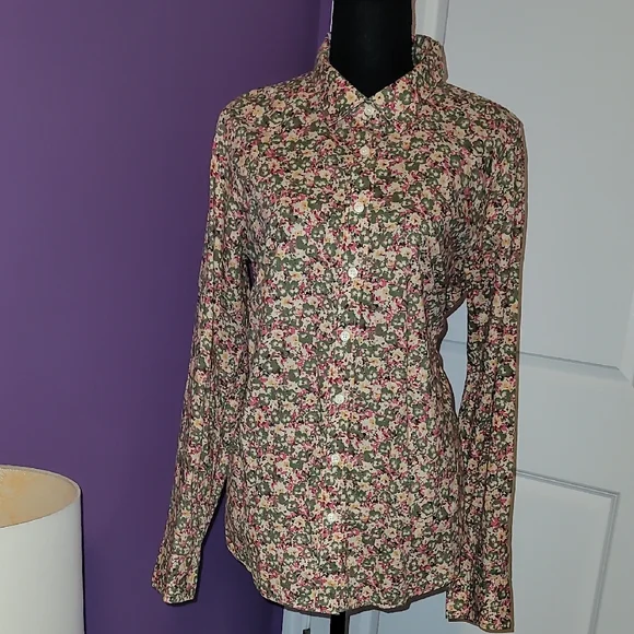 J Crew Women's Perfect Shirt Flower Design half button down L/S shirt Sz: Large - Picture 4 of 8